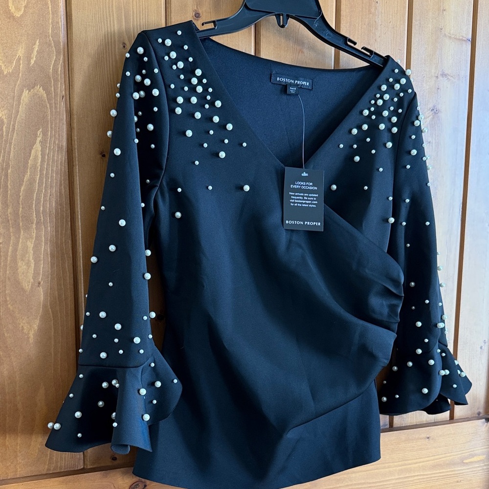 Boston Proper Elegant Black Pearl Embellished Bodice medium Top Blouse - Picture 7 of 12